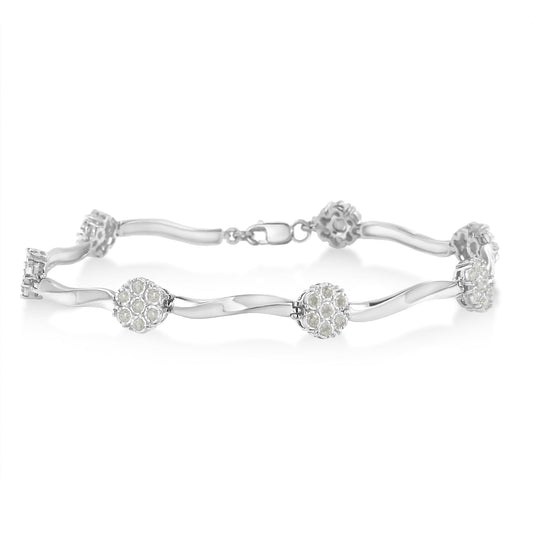 Pulsera de eslabones en grupo floral de 7 piedras de plata de ley .925 con diamantes de 1.0 quilates engastados en milagro (color I-J, claridad I3) - 7"