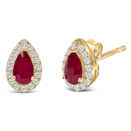 Pendientes de oro amarillo de 10K con halo de rubí talla pera de 5x3 mm y diamantes de 1/7 quilates (color I-J, claridad I1-I2)