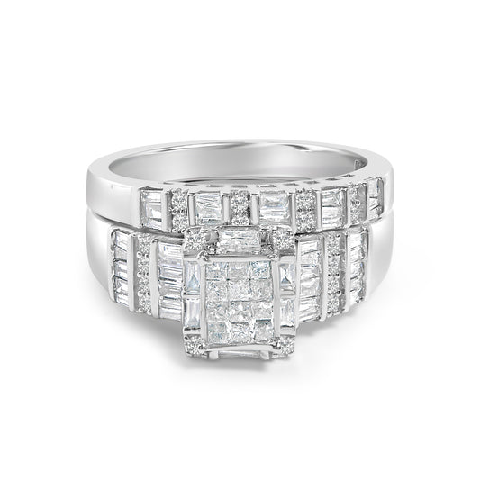 Juego de anillos de compromiso de plata de ley con cabeza de diamante compuesto de 1,0 quilates