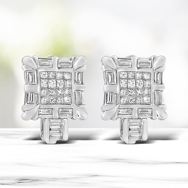 Pendientes de aro Huggie con marco cuadrado de oro blanco de 14 quilates con diamantes de talla princesa y baguette de 1,0 quilates (color H-I, claridad SI1-SI2)