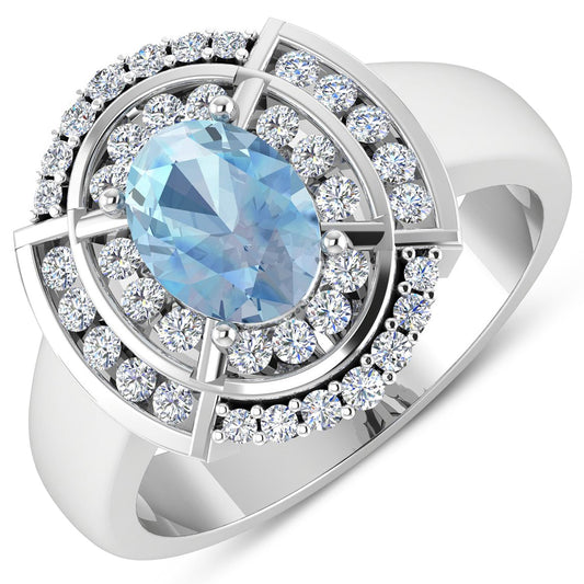 Anillo de oro blanco de 14 quilates con aguamarina auténtica de 1,57 quilates y diamantes blancos