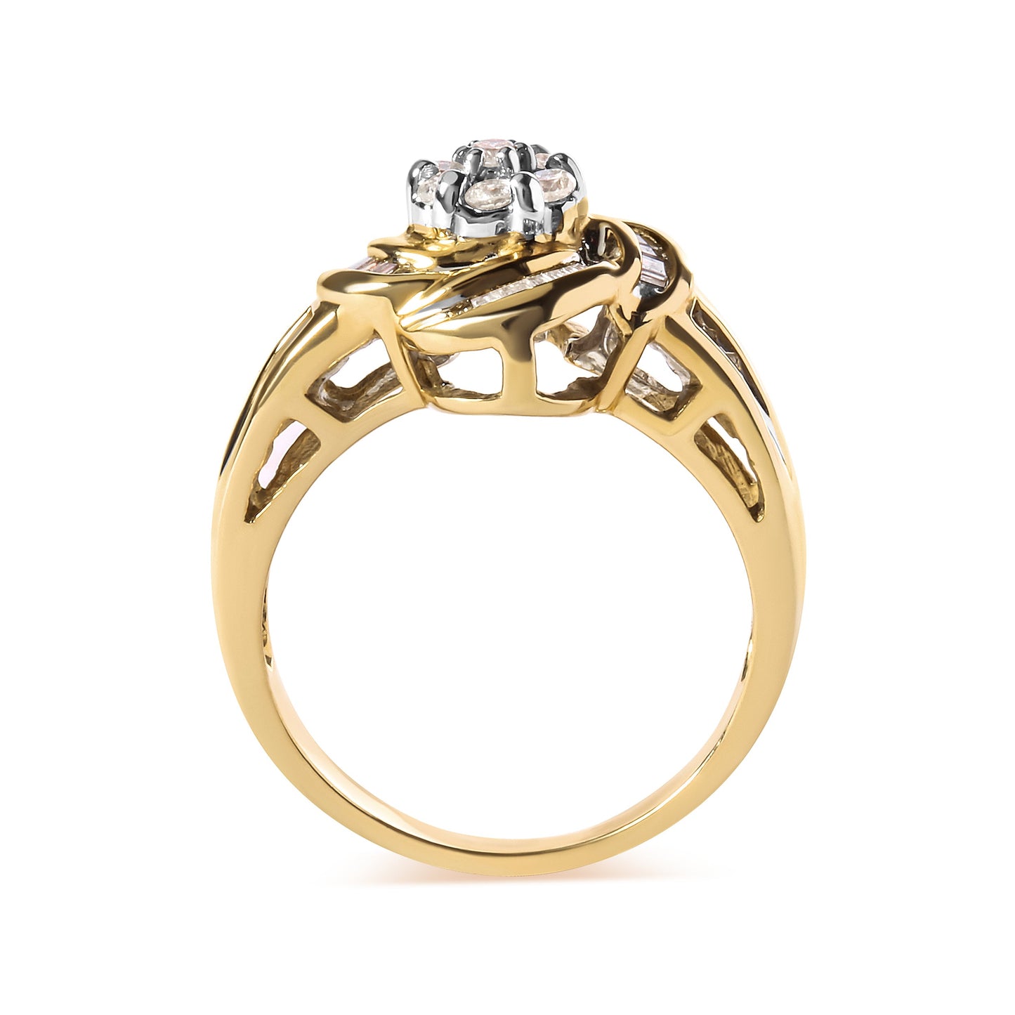 Anillo de cóctel en espiral de flor con diamantes redondos y baguette de 1/2 quilate en oro amarillo de 10 quilates (color I-J, claridad SI2-I1) - Talla 7