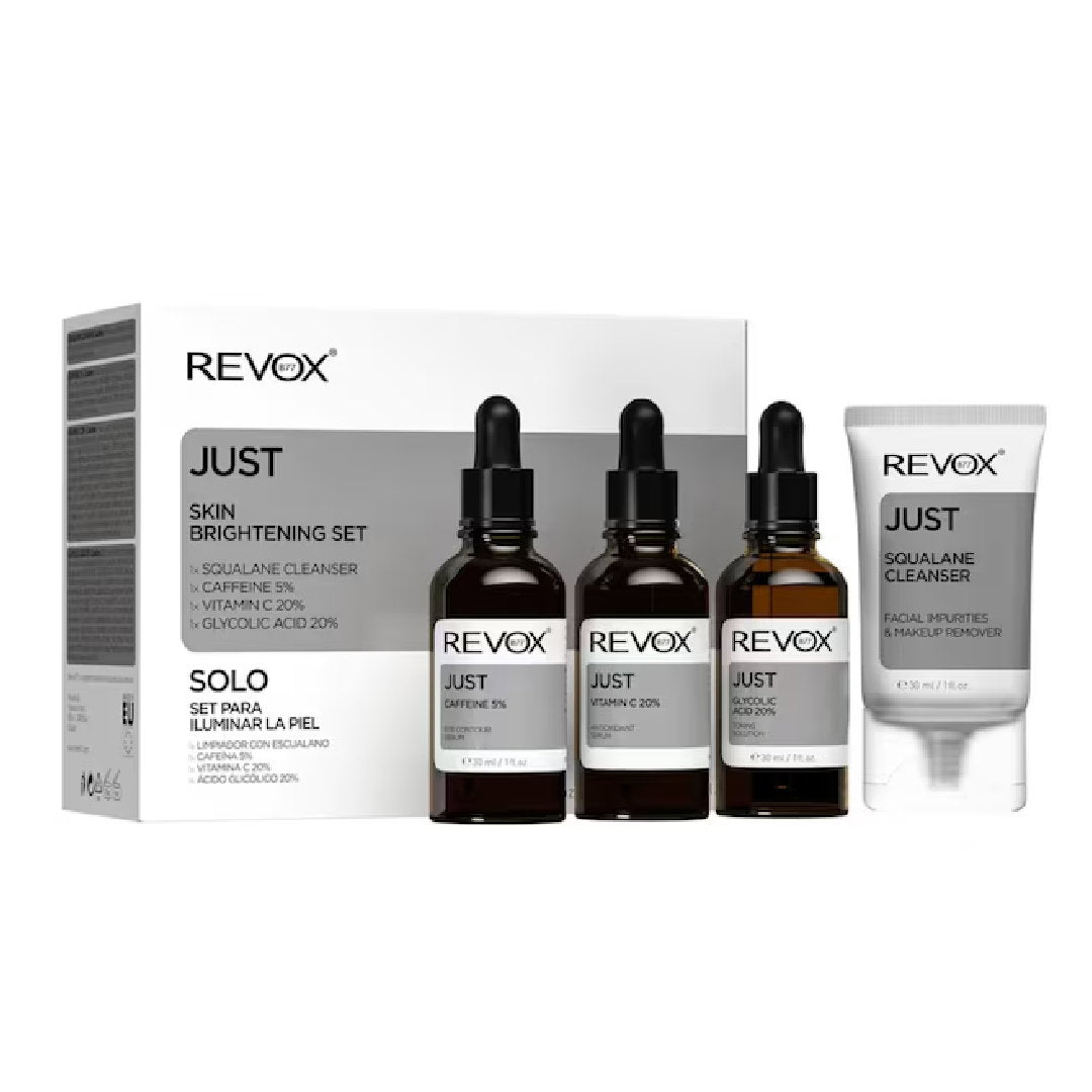 Skin Brightening Set Revox B77: Just, Caffeine 5%, Anti-Dark Circles, Day, Eye Serum, 30 ml + Just, Vitamin C 2%, Anti-Oxidant, Serum, For Face, 30 ml + Just, Glycolic Acid 20%, Toning, Serum, For Face, 30 ml + Just, Squalane, Eliminates Impurities, Cl...