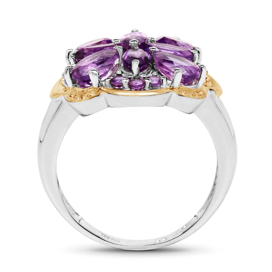 Anillo de Plata Fina de .925 con Amatista Genuina de 2.66 Quilates con Baño de Dos Tonos