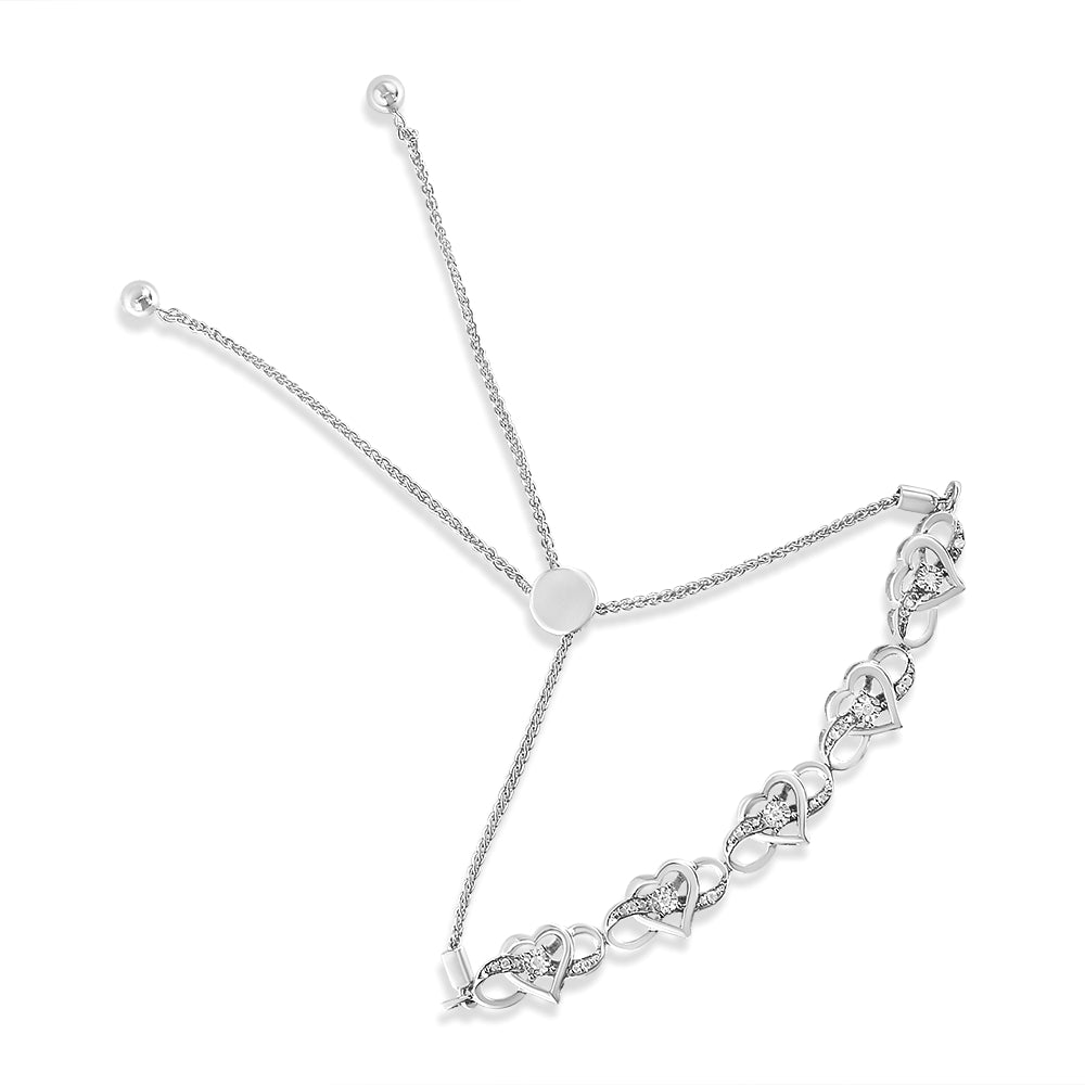 Pulsera Bolo de Tenis Ajustable de Plata Fina .925 con Acentos de Diamantes en Infinito Entrelazado y Corazón de 4" a 10" (Color H-I, Claridad I2-I3)