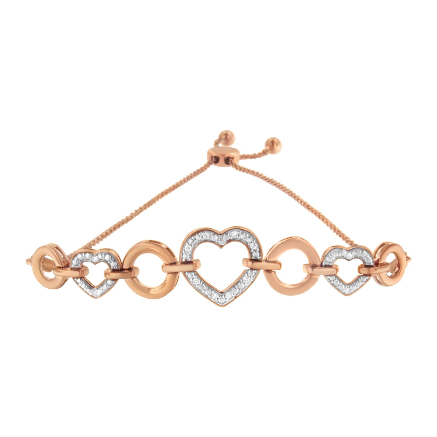 Pulsera ajustable tipo bolo de 15 a 25 cm con eslabones de círculo y corazón con acentos de diamante en plata de ley .925 bañada en oro rosa de 14 quilates