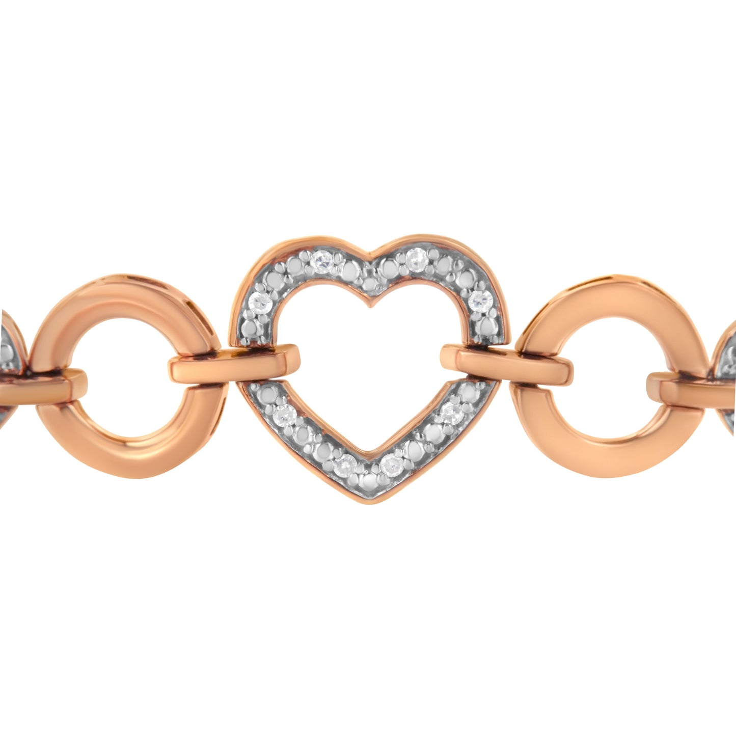 Pulsera ajustable tipo bolo de 15 a 25 cm con eslabones de círculo y corazón con acentos de diamante en plata de ley .925 bañada en oro rosa de 14 quilates