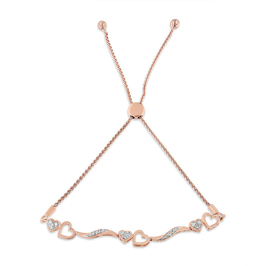 Brazalete bolo ajustable de 4 a 10 pulgadas con onda y corazones de diamante de 1/10 Cttw en plata de ley .925 chapada en oro rosa de 14 quilates (color I-J, claridad I3)