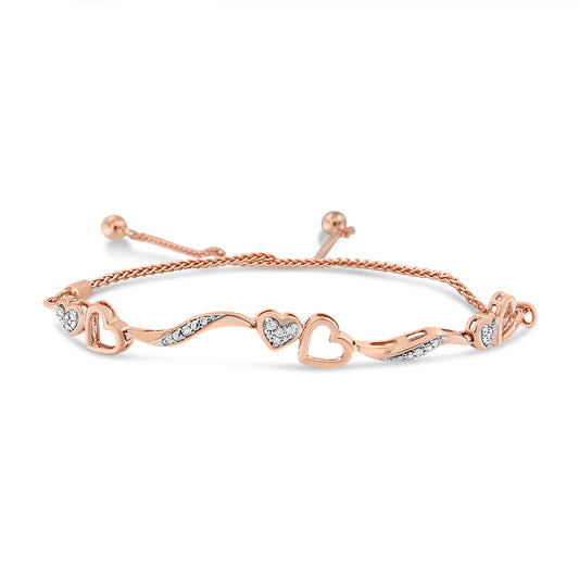 Brazalete bolo ajustable de 4 a 10 pulgadas con onda y corazones de diamante de 1/10 Cttw en plata de ley .925 chapada en oro rosa de 14 quilates (color I-J, claridad I3)