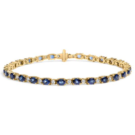 Pulsera de eslabones alternos de oro amarillo de 18 quilates con diamantes de 3/4 quilates y zafiros azules ovalados de 5 1/3 quilates (color G-H, claridad VS1-VS2) - 7.25 pulgadas
