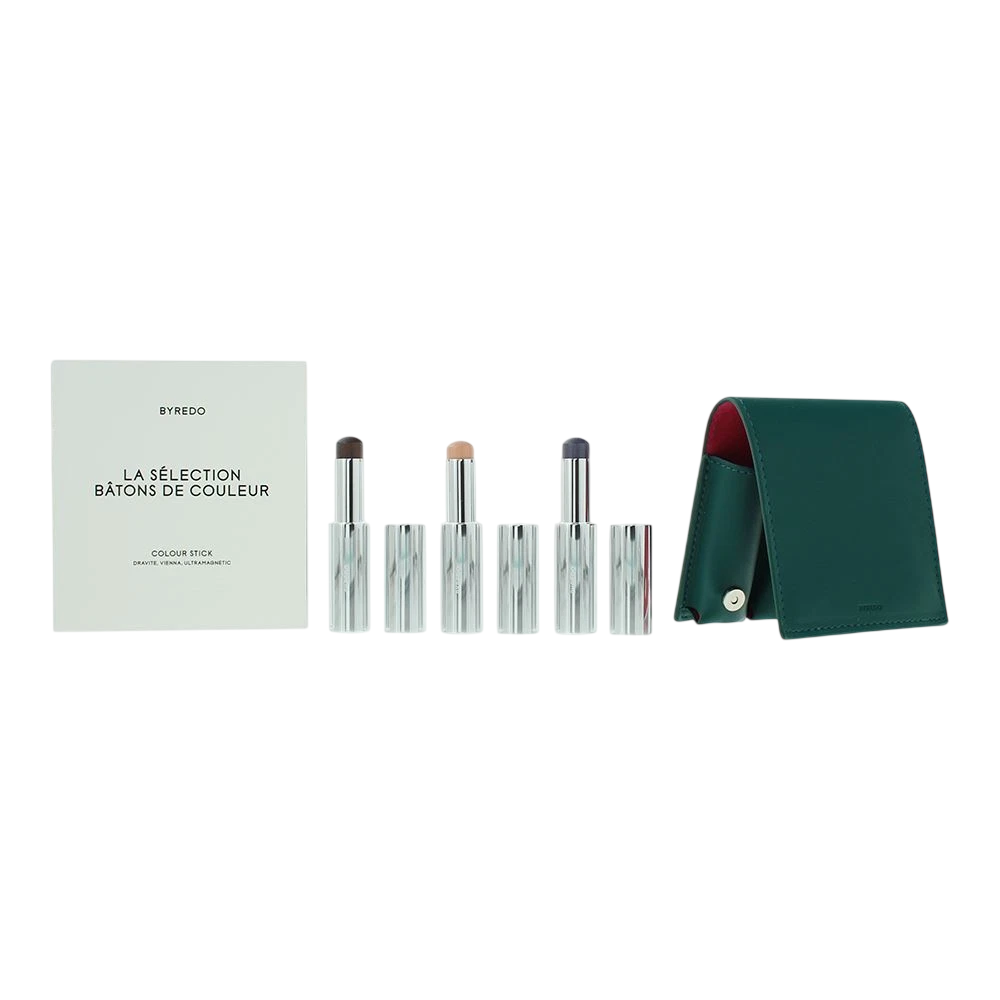 Deep Teal Set Byredo: Colour Stick, Multifunctional, Eyeshadow Stick, 509, Solar Flare, 3.5 g + Colour Stick, Multifunctional, Eyeshadow Stick, Kumato Face, 3.5 g + Colour Stick, Multifunctional, Eyeshadow Stick, Flower Play, 3.5 g + Byredo, GWP Leathe...