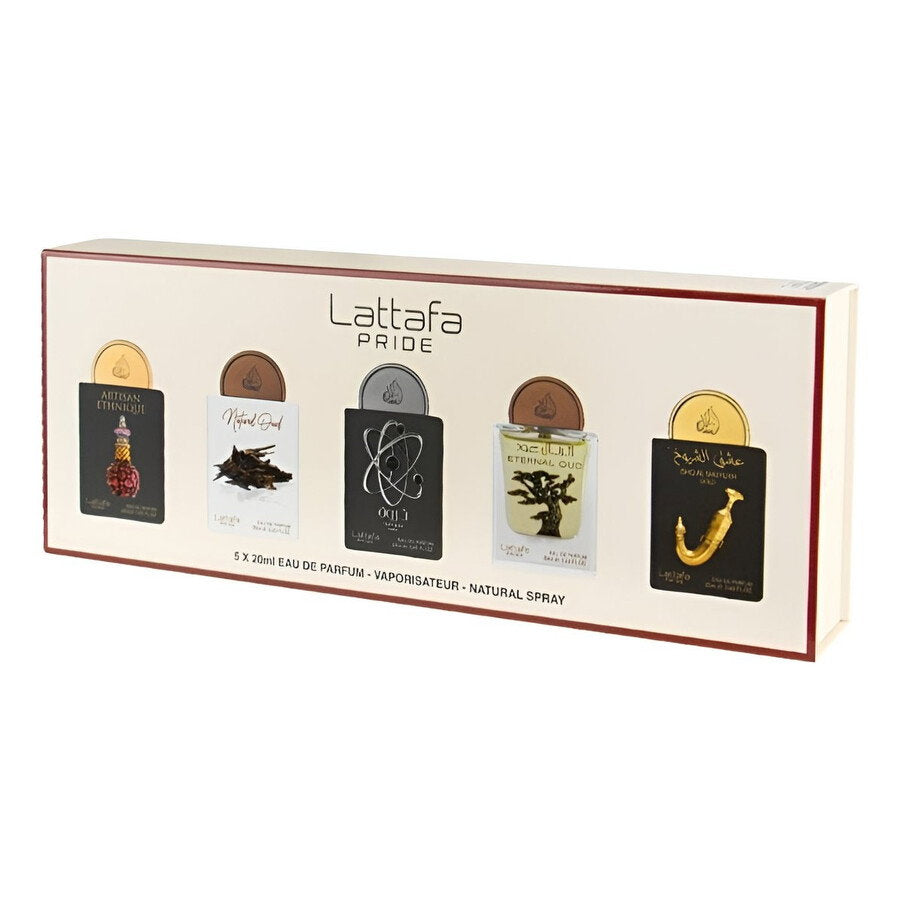 Set Lattafa: Artisan Ethnique, Eau De Parfum, For Women, 20 ml + Natural Oud, Eau De Parfum, For Women, 20 ml + Tharwah Silver, Eau De Parfum, For Women, 20 ml + Eternal Oud, Eau De Parfum, For Women, 20 ml + Shuyukh Gold, Eau De Parfum, For Women, 20 ml