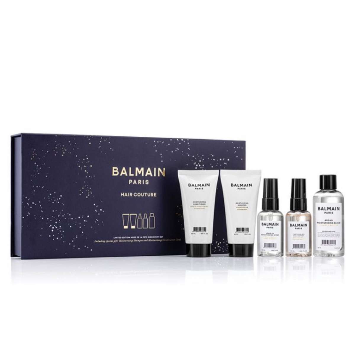 Set Balmain Professionnel: Moisturizing, Hair Shampoo, For Hydration, 50 ml + Moisturizing, Hair Conditioner, For Hydration, 50 ml + Balmain Professionnel, Salt Spray, For Definition & Texture, Light Hold, 50 ml + Argan Moisturising Elixir, Hair Oil, F...