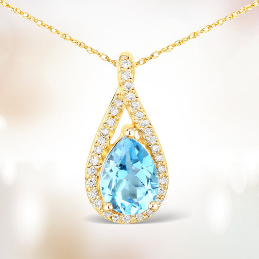 Colgante de topacio azul suizo auténtico de 0,89 quilates y diamante blanco en oro amarillo de 14 quilates