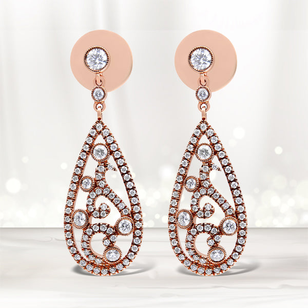 Pendientes de botón colgantes con forma de lágrima y rosca de oro rosa de 18K con diamantes de 1 1/4 Cttw (color F-G, claridad VS1-VS2)