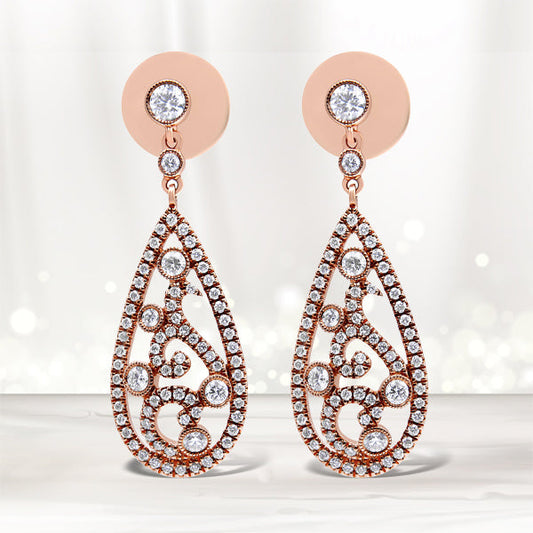 Pendientes de botón colgantes con forma de lágrima y rosca de oro rosa de 18K con diamantes de 1 1/4 Cttw (color F-G, claridad VS1-VS2)