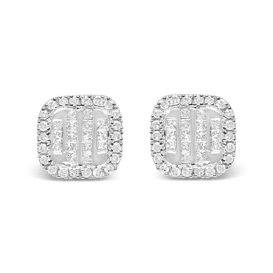 Pendientes de oro blanco de 10 quilates con diamantes princesa de 7/8 quilates totales, diseño compuesto y halo (color I-J, claridad I1-I2)