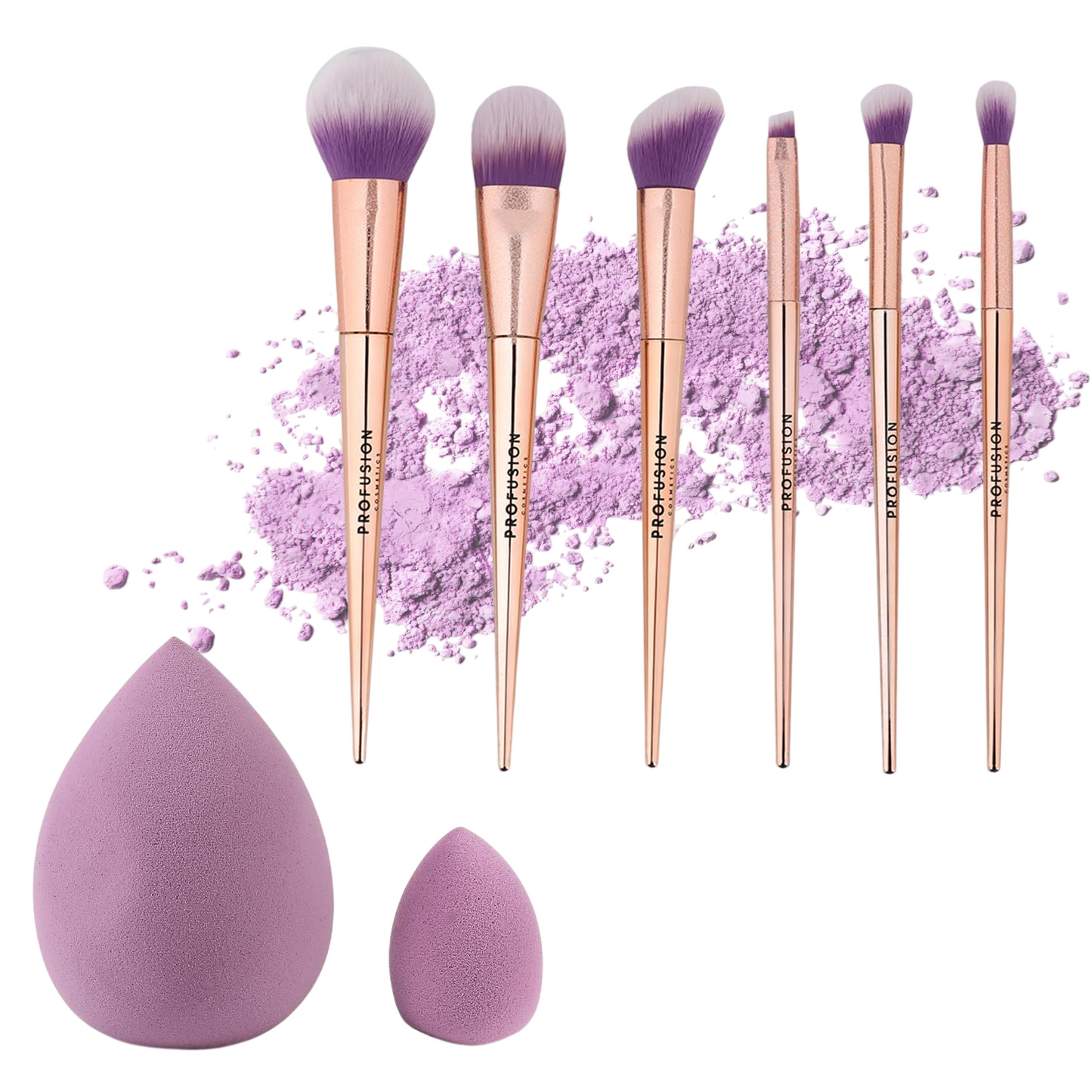 Set Profusion Cosmetics: Brush, Powder Brush + Brush, Foundation Brush + Brush, Multi Face Brush + Brush, Eyebrow Brush + Brush, Shader Brush, Multi Face Brush + Brush, Blending Brush, Multi Face Brush + Brush, Makeup Sponge + Brush, Makeup Sponge, *Mi...