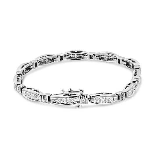Pulsera de barra y eslabones de oro blanco de 14K con diamantes redondos y de talla princesa de 2.0 CTW (Color I-J, Claridad I1-I2) - 7.25 pulgadas
