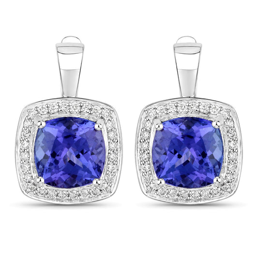 Pendientes de tanzanita auténtica de 5,95 quilates y diamantes blancos en oro blanco de 14 quilates