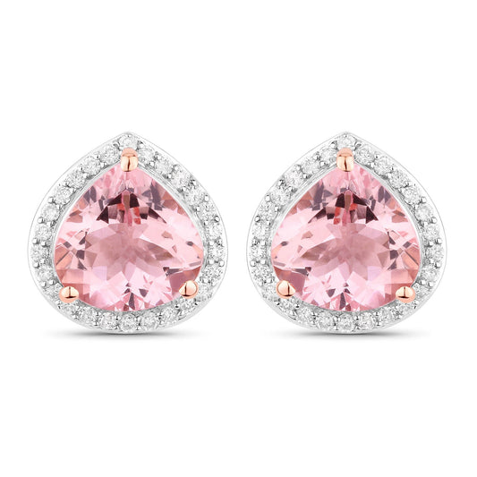Pendientes de oro rosa de 14 quilates con morganita genuina de 3,27 quilates y diamantes blancos