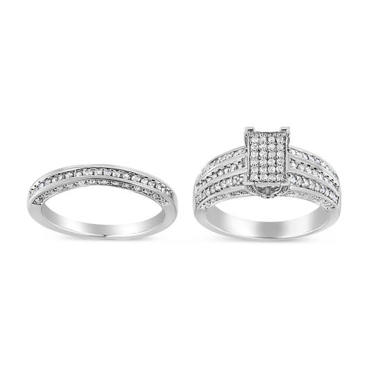 Anillo de compromiso y conjunto de banda de diamantes redondos engastados en garras de plata de ley .925 de 0.75 quilates (Color I-J, Claridad I3) - Talla 6.5