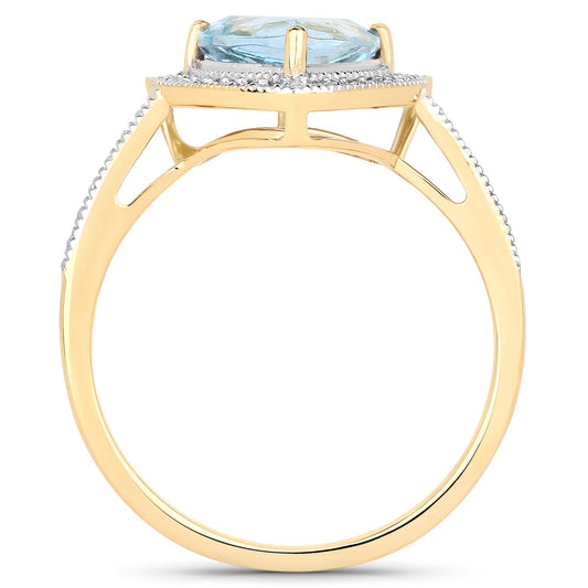 Anillo de oro amarillo de 14 quilates con aguamarina auténtica de 1,58 quilates y diamantes blancos