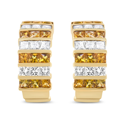 Pendientes de aro tipo Huggie de oro amarillo de 18 quilates con diamantes de talla princesa de 1 3/4 Cttw con engaste invisible y zafiros amarillos de 2,5 mm (color F-G, claridad VS1-VS2)