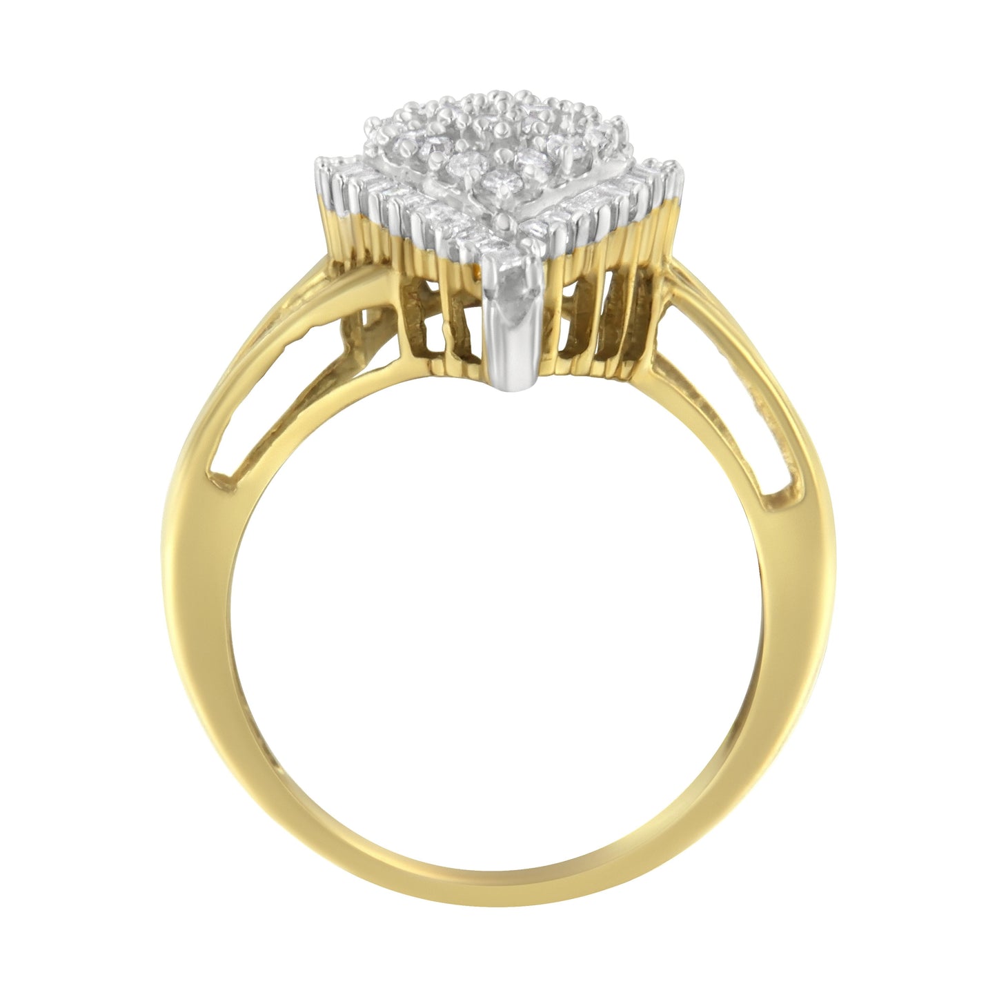 Anillo de pera de oro amarillo de 10 quilates con diamantes redondos y talla baguette de 1/2 quilate (color I-J, claridad I1-I2) - Talla 7