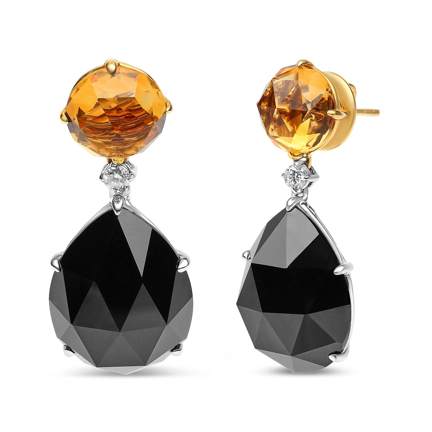 Aretes colgantes de oro blanco y amarillo de 18K con diamante de 1/5 Cttw, citrino amarillo redondo y ónix negro talla pera de 20x15mm (Color G-H, Claridad SI1-SI2)