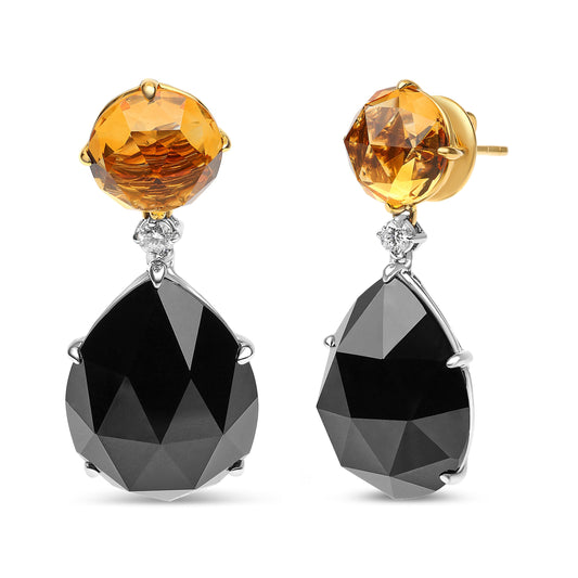 Aretes colgantes de oro blanco y amarillo de 18K con diamante de 1/5 Cttw, citrino amarillo redondo y ónix negro talla pera de 20x15mm (Color G-H, Claridad SI1-SI2)