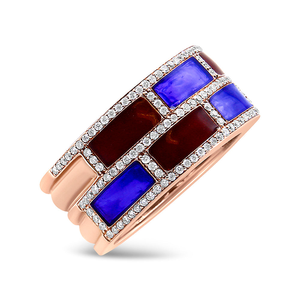 Anillo de banda de oro rosa de 18 quilates con esmalte rojo y azul alterno y diamantes de 1/2 quilate (color F-G, claridad VS1-VS2) - Talla 7