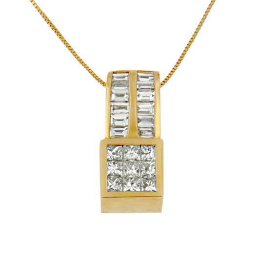 Collar con colgante de diamante de oro amarillo de 14K de 1,25 ct. en total, corte princesa y baguette, diseño geométrico (H-I, VS1-VS2)