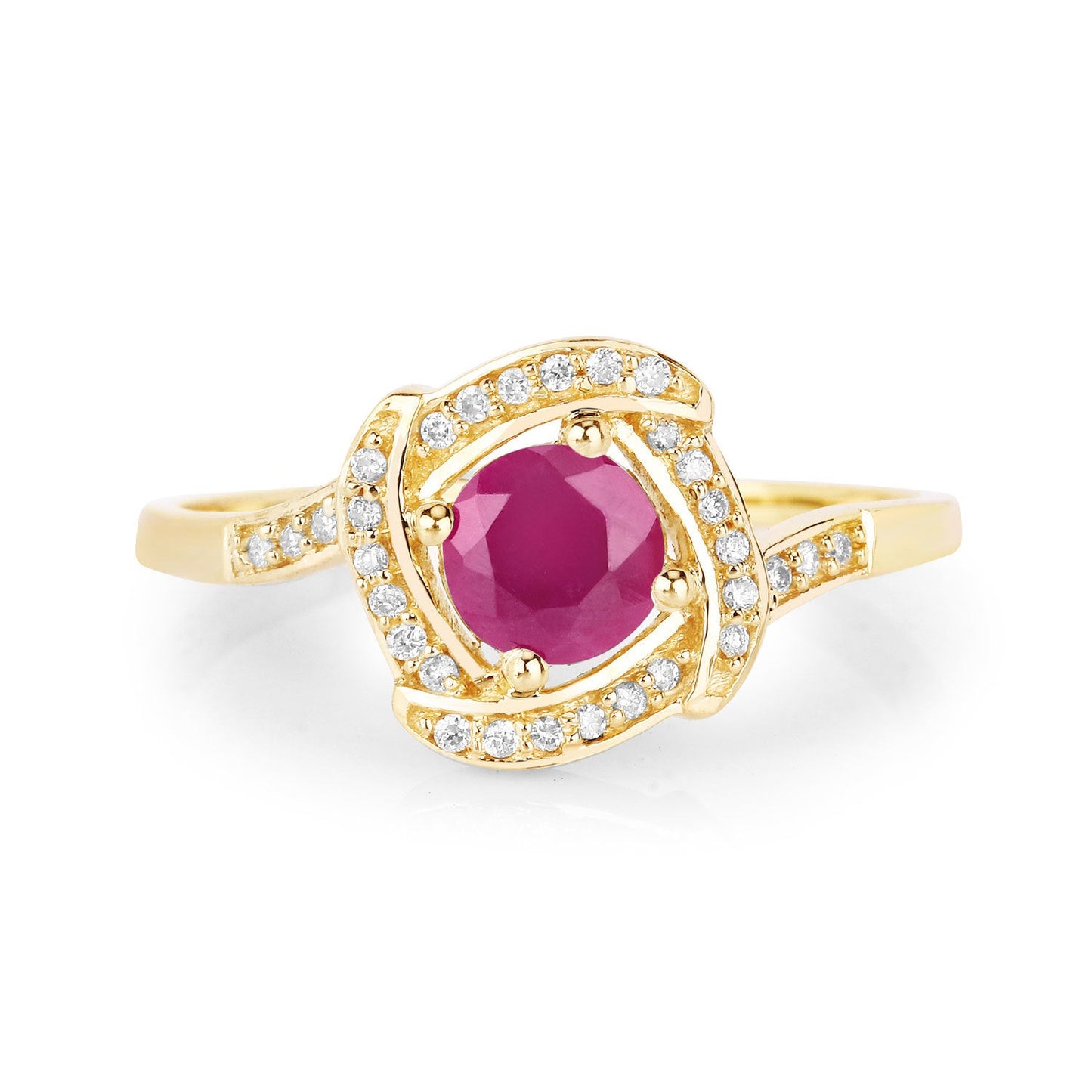 Anillo de oro amarillo de 14K con rubí genuino de 0,63 quilates y diamantes blancos