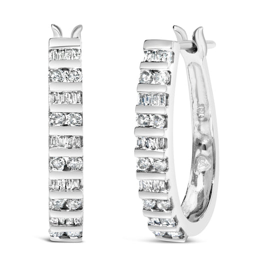 Pendientes de aro en "U" de oro blanco de 10K con diamantes alternos de 1,0 Cttw (color I-J, claridad I2-I3)