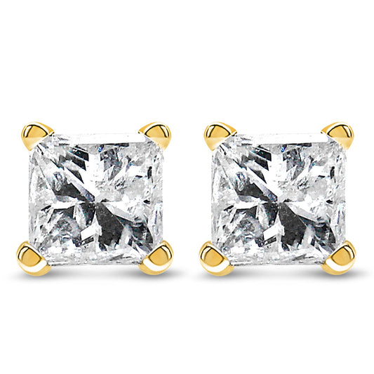 Pendientes de oro amarillo de 14 quilates con diamantes cuadrados de talla princesa de 3/8 quilates con certificación IGI y montura de 4 puntas (color L-M, claridad I1-I2)