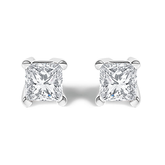 Pendientes de botón de plata de ley .925 con diamante solitario de talla princesa de 1/4 qt (color H-I, claridad I1-I2)
