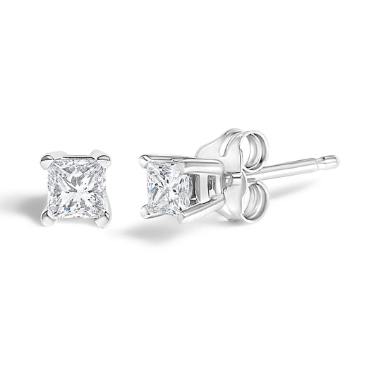 Pendientes de botón de plata de ley .925 con diamante solitario de talla princesa de 1/4 qt (color H-I, claridad I1-I2)