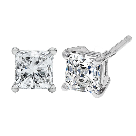 Pendientes solitario de oro blanco de 14 quilates con diamantes de laboratorio de talla princesa de 0,50 quilates (color F-G, claridad VS2-SI1)