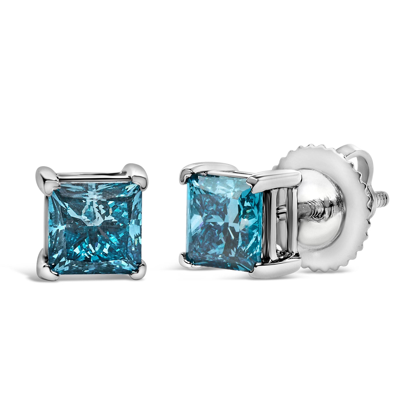 14K White Gold 1.0 Cttw Princess Cut Lab Grown Blue Diamond Solitaire Stud Earrings - view 2