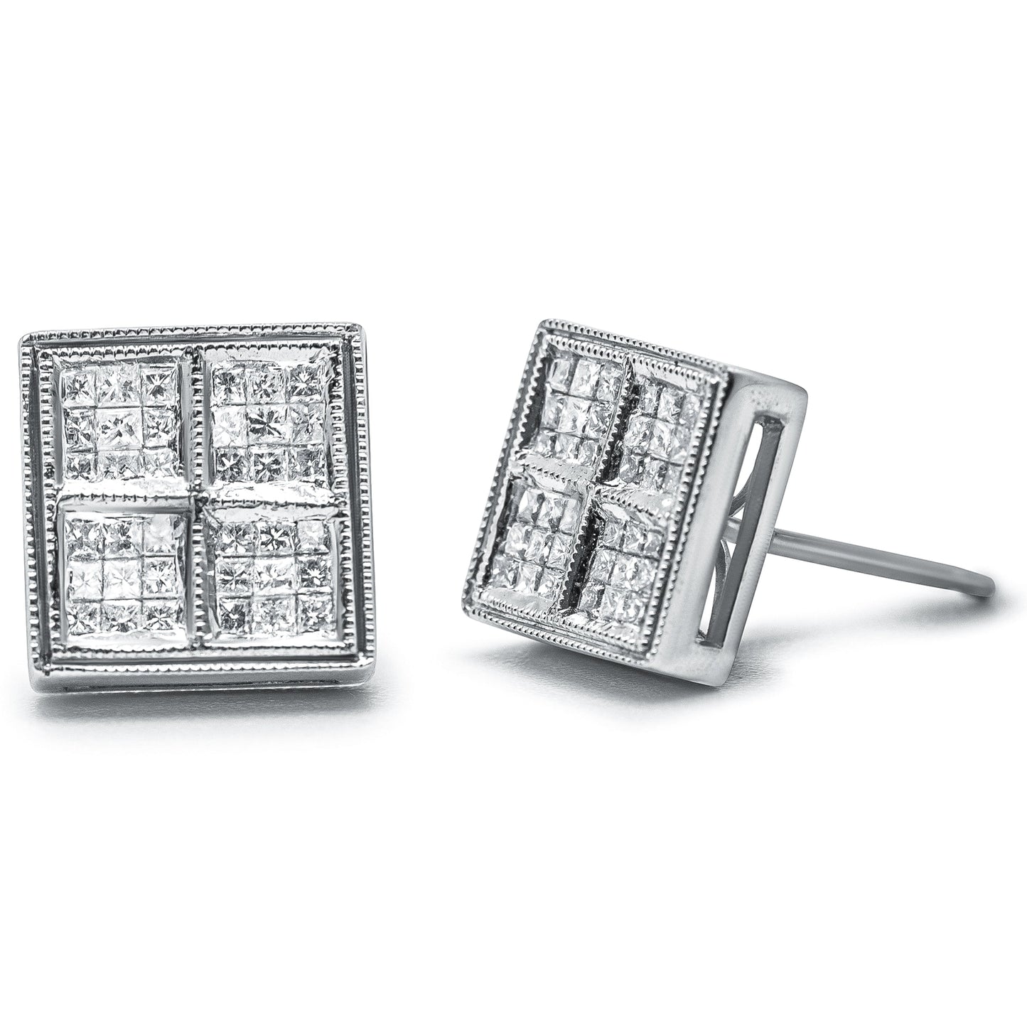 Pendientes de tuerca de oro blanco de 14 quilates de 1/2 quilate de peso total de diamantes de talla princesa con forma de caja y milgrain (Color H-I, Claridad SI1-SI2)