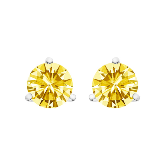 Pendientes de botón de oro blanco de 14 quilates, engaste de martini de 3 puntas, solitario de diamante cultivado en laboratorio amarillo de 1,0 quilates (peso total en quilates)