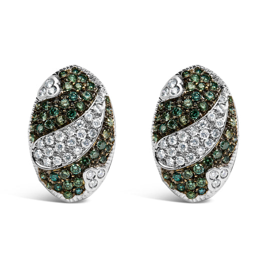 Pendientes de oro blanco de 14 quilates de 2,00 quilates de diamantes blancos y azules tratados con forma de escudo ovalado y cierre omega (color H-I, claridad SI1-SI2)