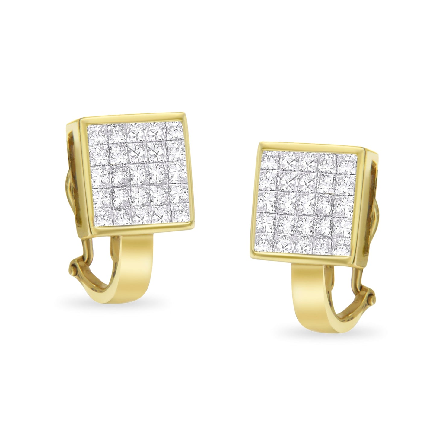 Pendientes de botón con cierre omega y diseño tipo argolla "huggy" en oro amarillo de 14K con diamantes de talla princesa de 3-1/5 Cttw en montura invisible de cuadrícula de ¾ cuadrados (Color G-H, Claridad VS1-VS2)