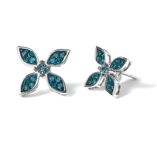 .925 Sterling Silver 1/3 Cttw Blue Diamond Floral Earrings - view 2