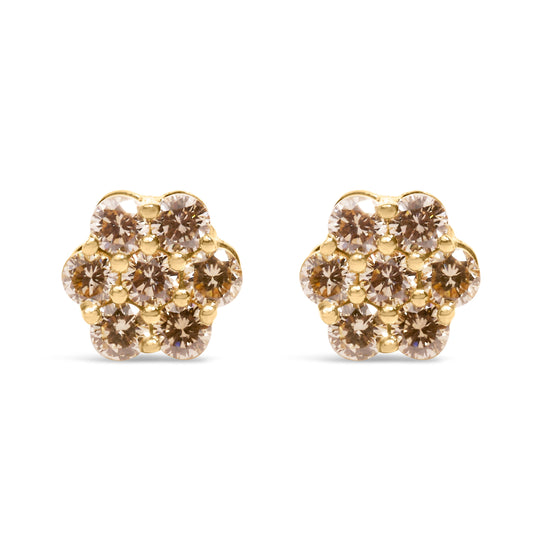 Pendientes de botón florales de oro amarillo de 14 quilates con diamantes de 1,0 quilates (Color J-K, Claridad VS2-SI1)