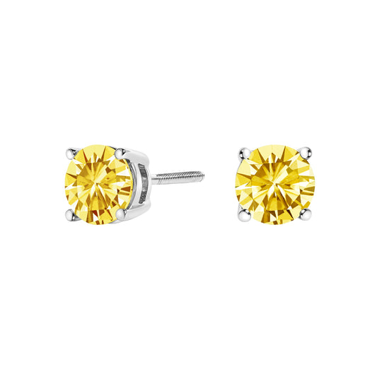 Pendientes solitario de oro blanco de 14 quilates con diamantes amarillos creados en laboratorio de 1,0 quilates (color amarillo, claridad VS2-SI1)