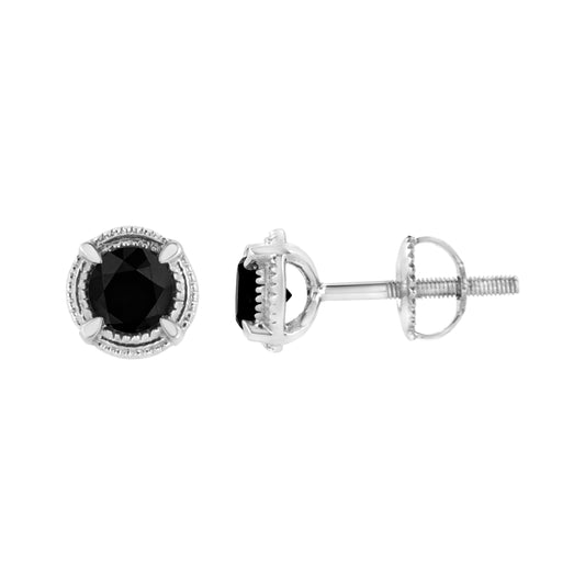 Pendientes de tuerca modernos de plata de ley .925 con solitario de diamante negro tratado de 1 quilate total y engaste de 4 puntas y milgrain (color negro, claridad I1-I2)