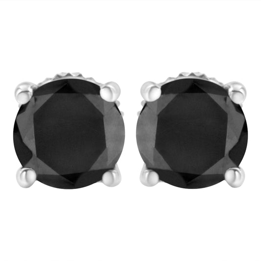 Pendientes clásicos de tuerca de plata de ley .925 con diamantes negros de corte redondo brillante de 2,00 Cttw y 4 puntas con parte trasera de rosca (color realzado elegante, claridad I2-I3)