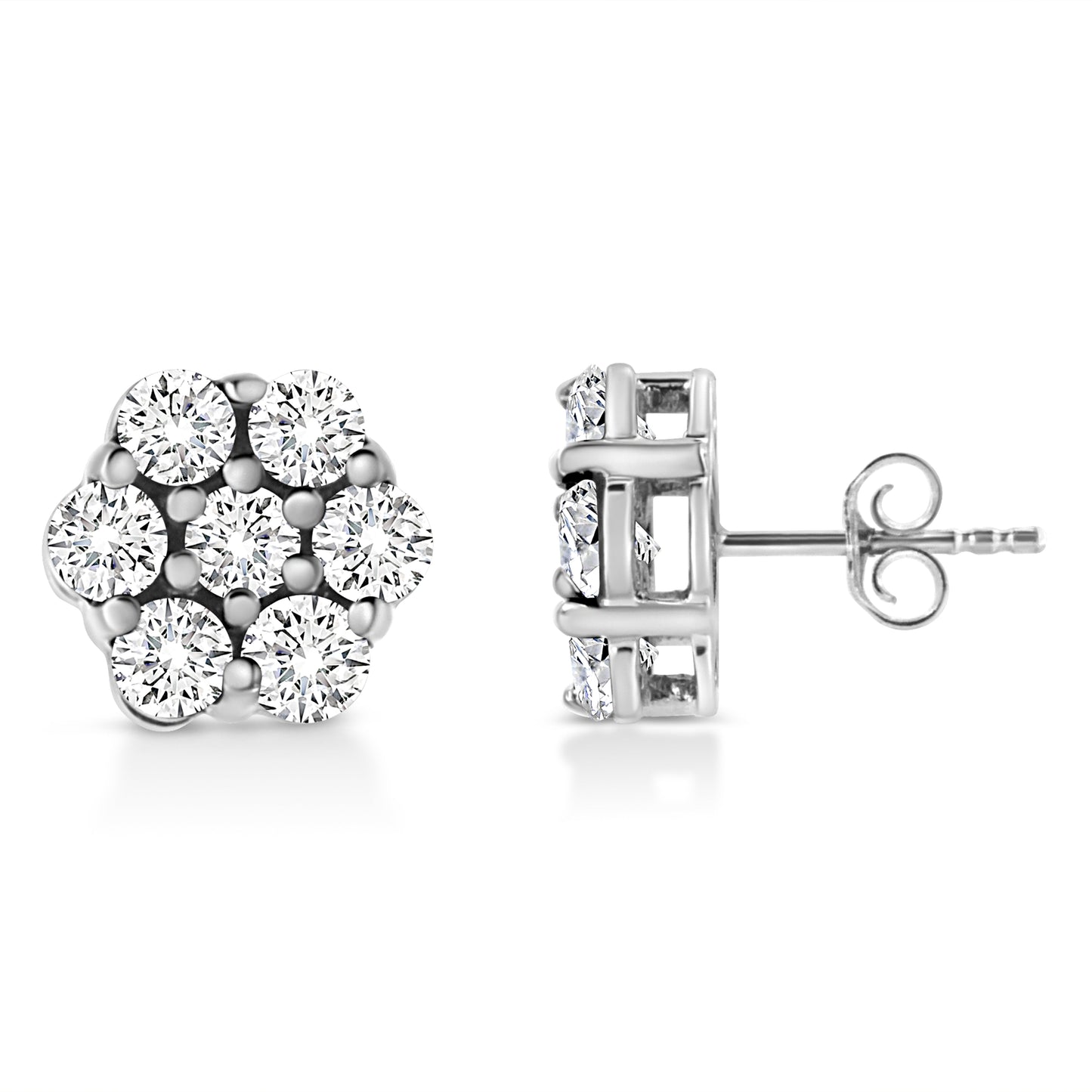 Pendientes de botón de oro blanco de 14 quilates con flores de diamantes de talla redonda engastados con garras de 1/2 quilate (color H-I, claridad I1-I2)